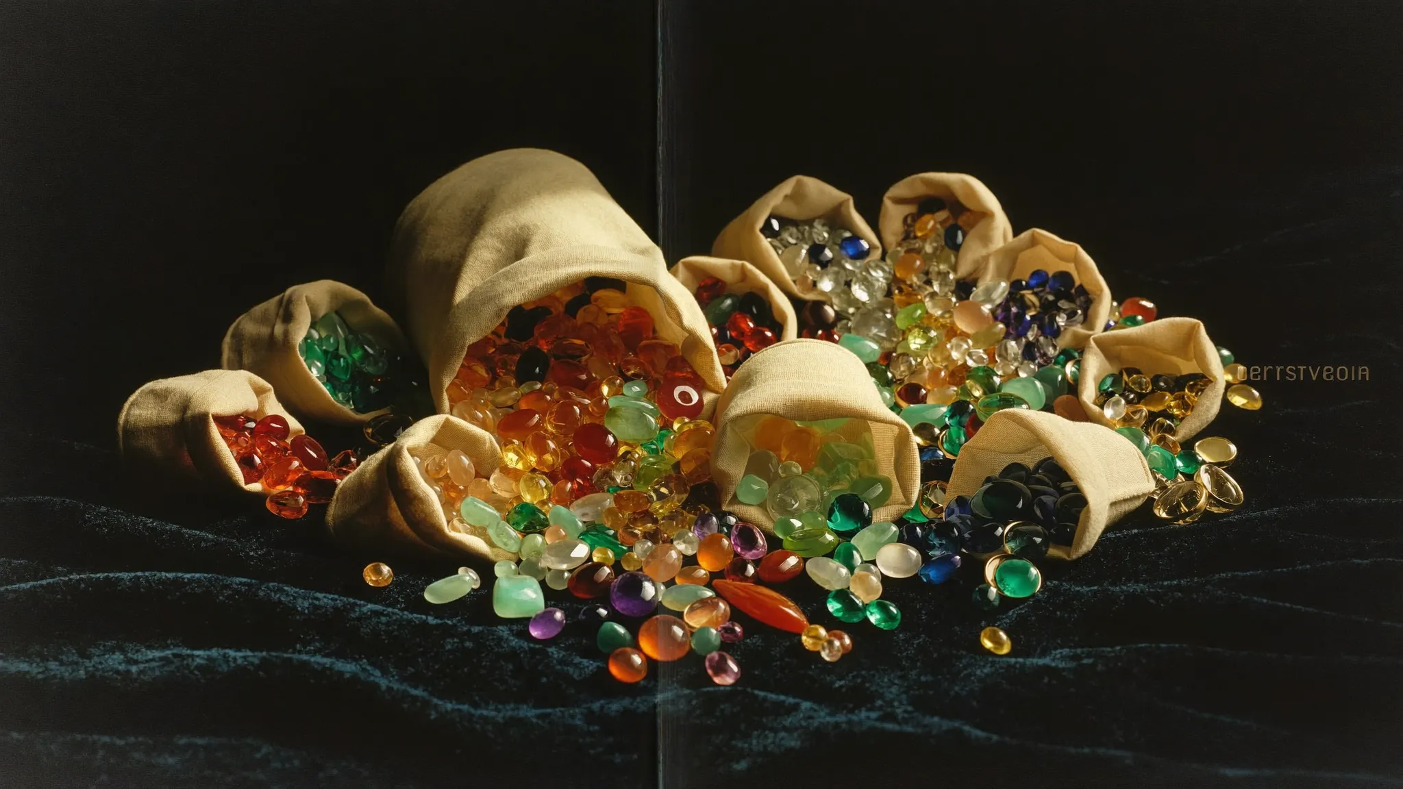 Burlap sacks of loose gemstones spilling onto black stone — bulk lots for trade and wholesale buyers